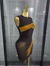 Khaki Black Women Sleeveless Sexy O-Neck Mesh See Through Bodycon Mini Dress Shining Rhinestones Celebrate Nightclub Party Wear