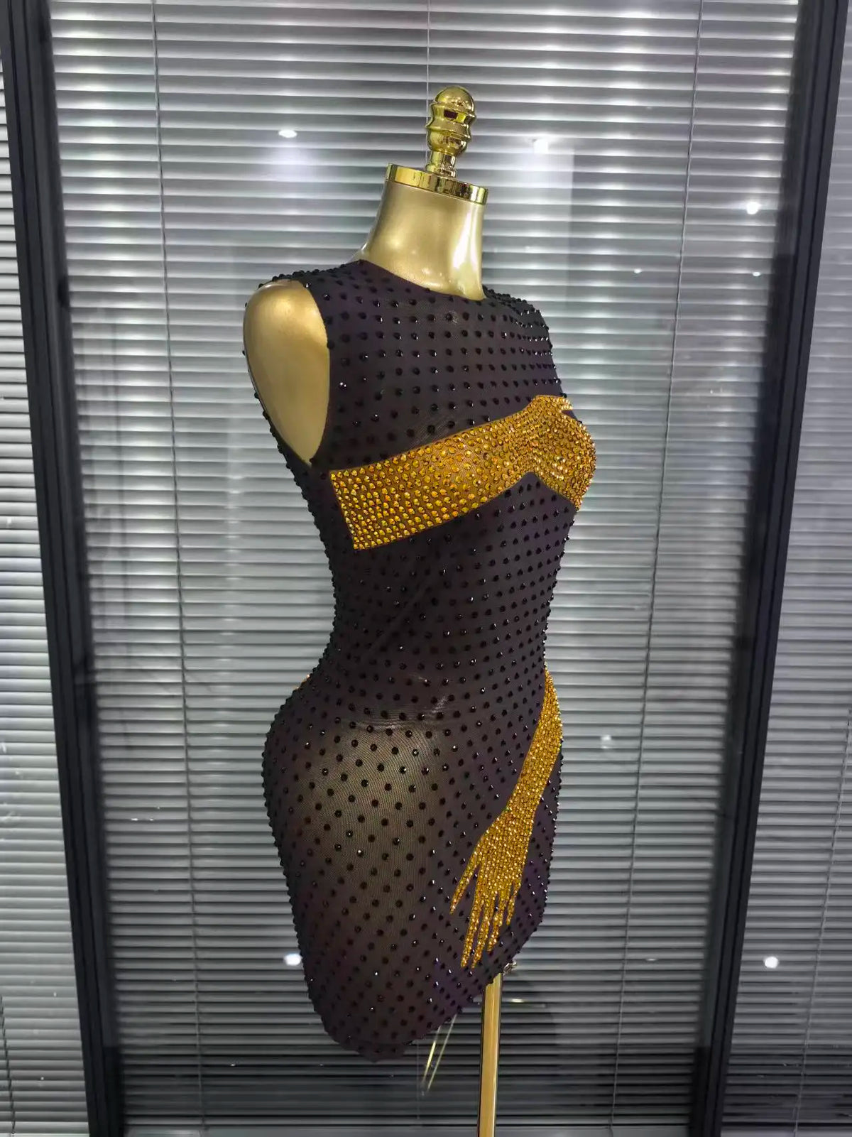 Khaki Black Women Sleeveless Sexy O-Neck Mesh See Through Bodycon Mini Dress Shining Rhinestones Celebrate Nightclub Party Wear