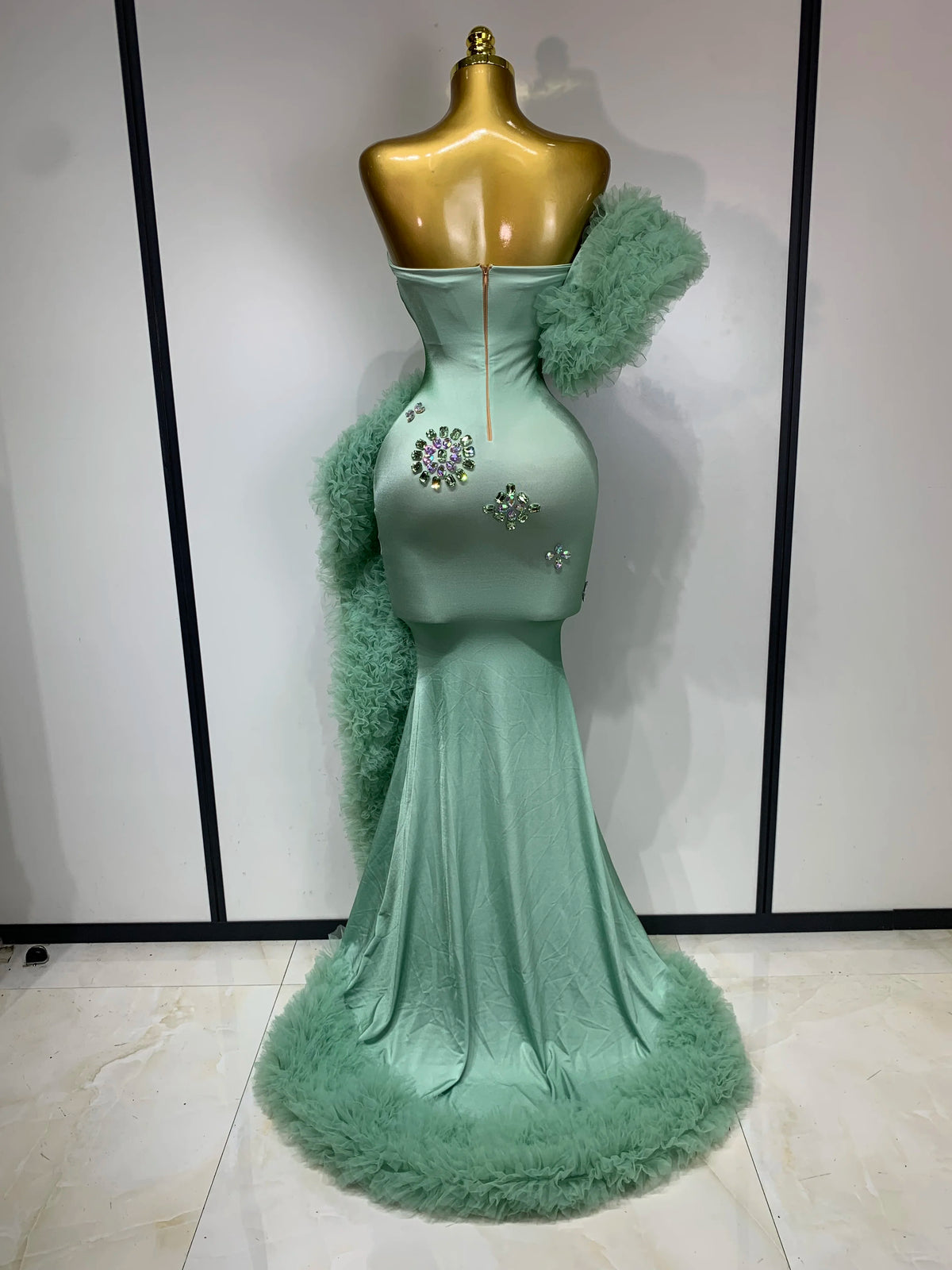 Women Luxury Sparkly Rhinestones Puff Mesh Strapless Maxi Long Spandex Dress Runway Wedding Birthday Photo Shoot Dresses