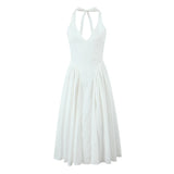 YENKYE Sexy Backless Green Elegant Halter Dress For Women Low Waist A-line Midi Summer Evening Party Dresses Cotton Robe