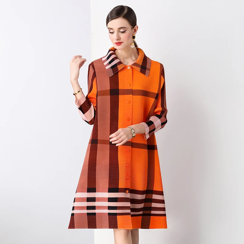 Autumn 2024 Arrival Miyake Fashionable Pleated Dress with Printed Stripes Chic Loose Collar Button Placket Color Locked Design