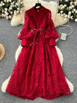 Spring Autumn French High-end Women's Dress New Lace Embroidery V-neck Lantern Sleeves Single Breasted Party Birthday Dress C192
