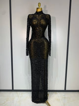 Sparkly Luxury Rhinstones Long Sleeve Elegant Party Dress Women 2025 Performance Stage Outfit Evening Birthday Prom Gown
