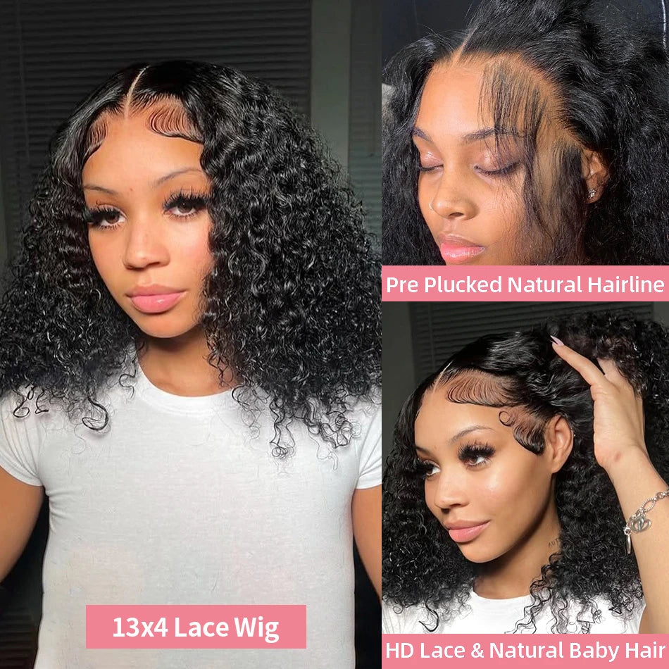 Deep Curly Bob Wig Human Hair Deep Wave Lace Front Wigs Human Hair Pre Plucked 4x4 Lace Closure Wigs Human Hair 250% Density Black Color 10-16 Inch For Black Women