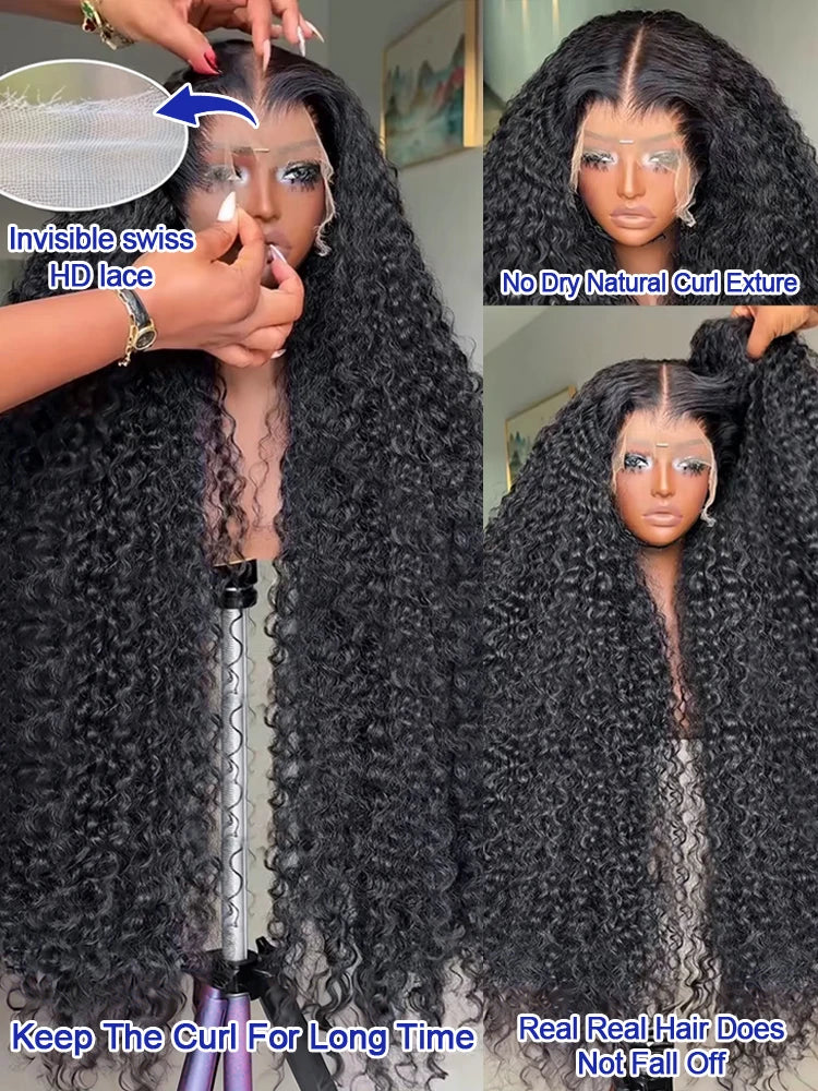 40 42 Inch Deep Wave 13x4 13x6 Hd Lace Front Wig For Black Women Transparent Hd Swiss Lace 300% High Density Water Wave Full Lace Frontal Wig Bouncy Jerry Culry Human Hair Glueless Wigs Malaysia Virgin Raw Wet and Wavy Preplucked Hairline Bleached Knots