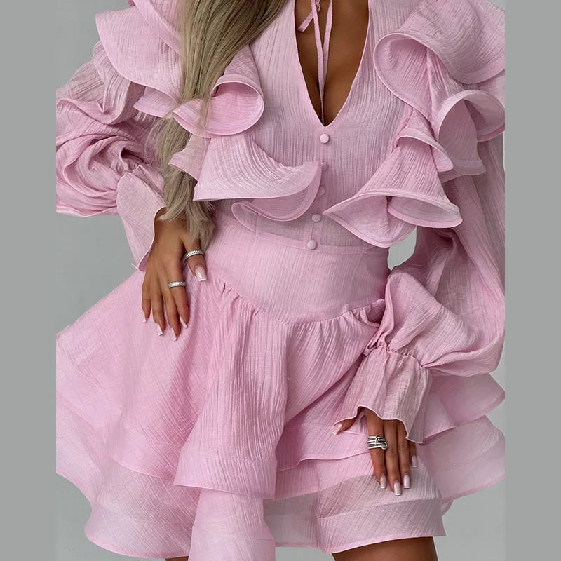 Ruffle Women Dress V Neck Waist Tie Dress Puff Sleeve Mini Dresses Layered Ruffle Hem Waist Cinching Figure Flattering