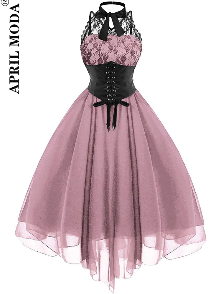 Irregular Hem Black High Waist Gothic Dresses Sleevesless Lace Chiffon Patchwork Aesthetic Goth Harajuku A-Line Dress for Women