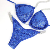 NPC IFBB Competition Bikini Suit for Women, Rhinestone Connectors, Scrunch Bikini, Sky Blue
