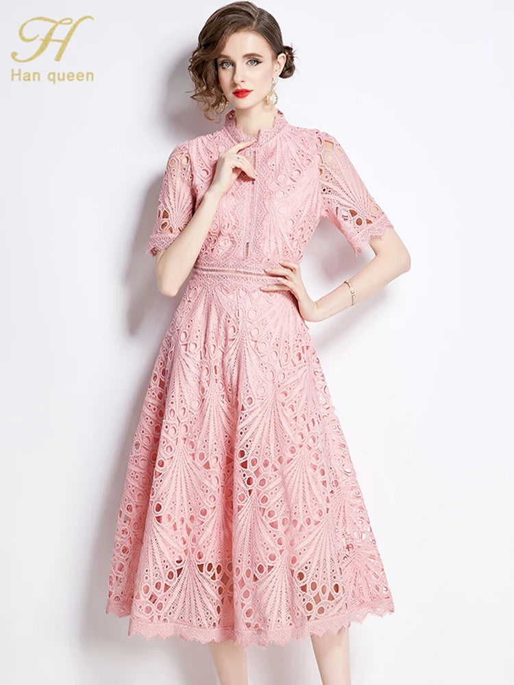 H Han Queen Spring New Elegant Casual Work Party Dresses Floral Crochet Hollow Out Lace Patchwork Casual Office Midi Dress