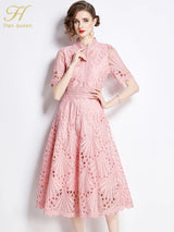 H Han Queen Spring New Elegant Casual Work Party Dresses Floral Crochet Hollow Out Lace Patchwork Casual Office Midi Dress