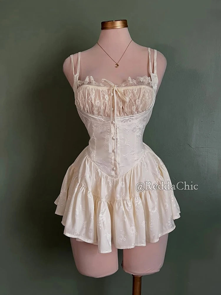 REDDACHiC Medieval Retro Satin Mini Dress & Lace Shorts Coquette Floral Corset Camisole Rompers Date Party Summer Women Clothes