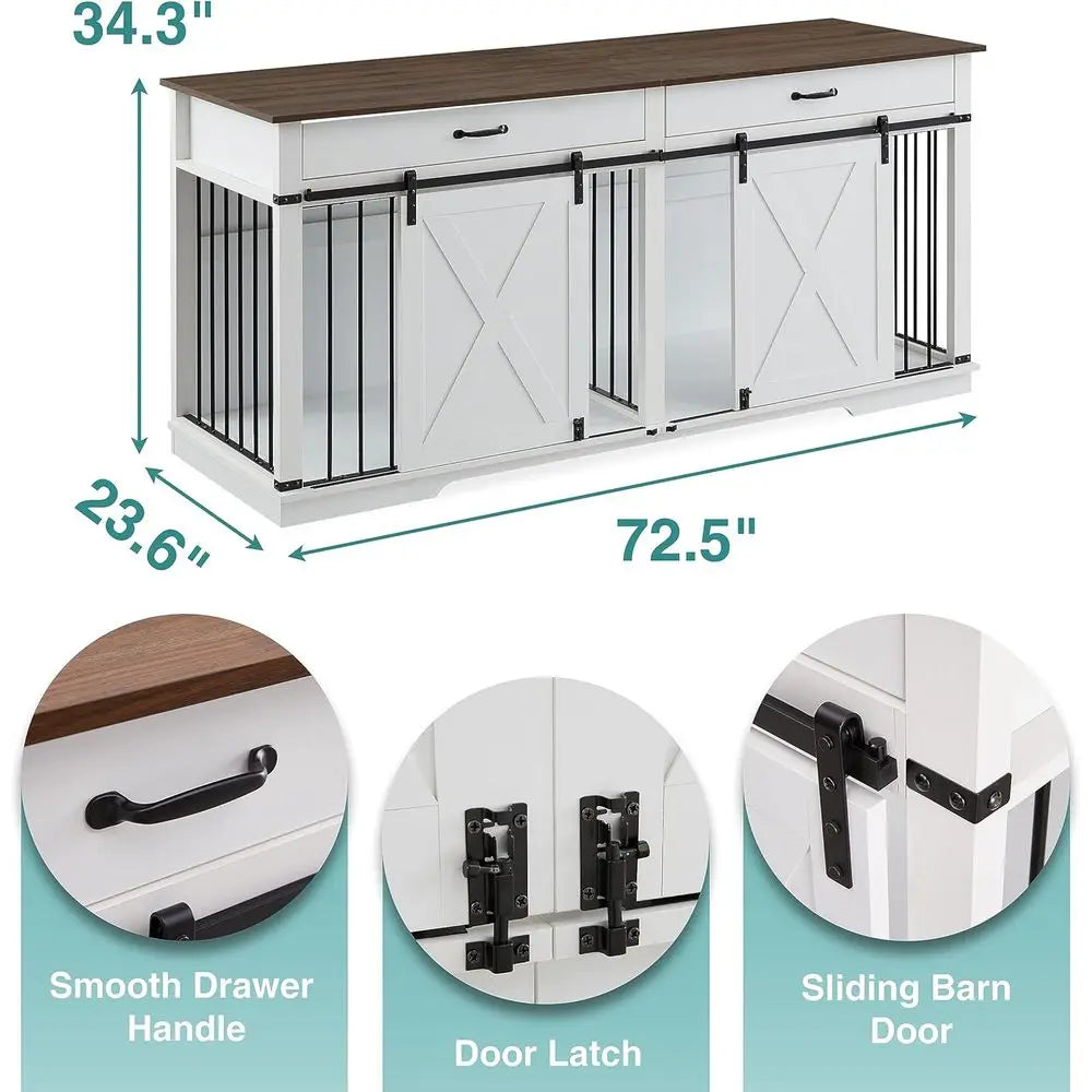Wooden Double Dog Crate with Divider, Barn Door, and Waterproof Interior for Large Breeds, White