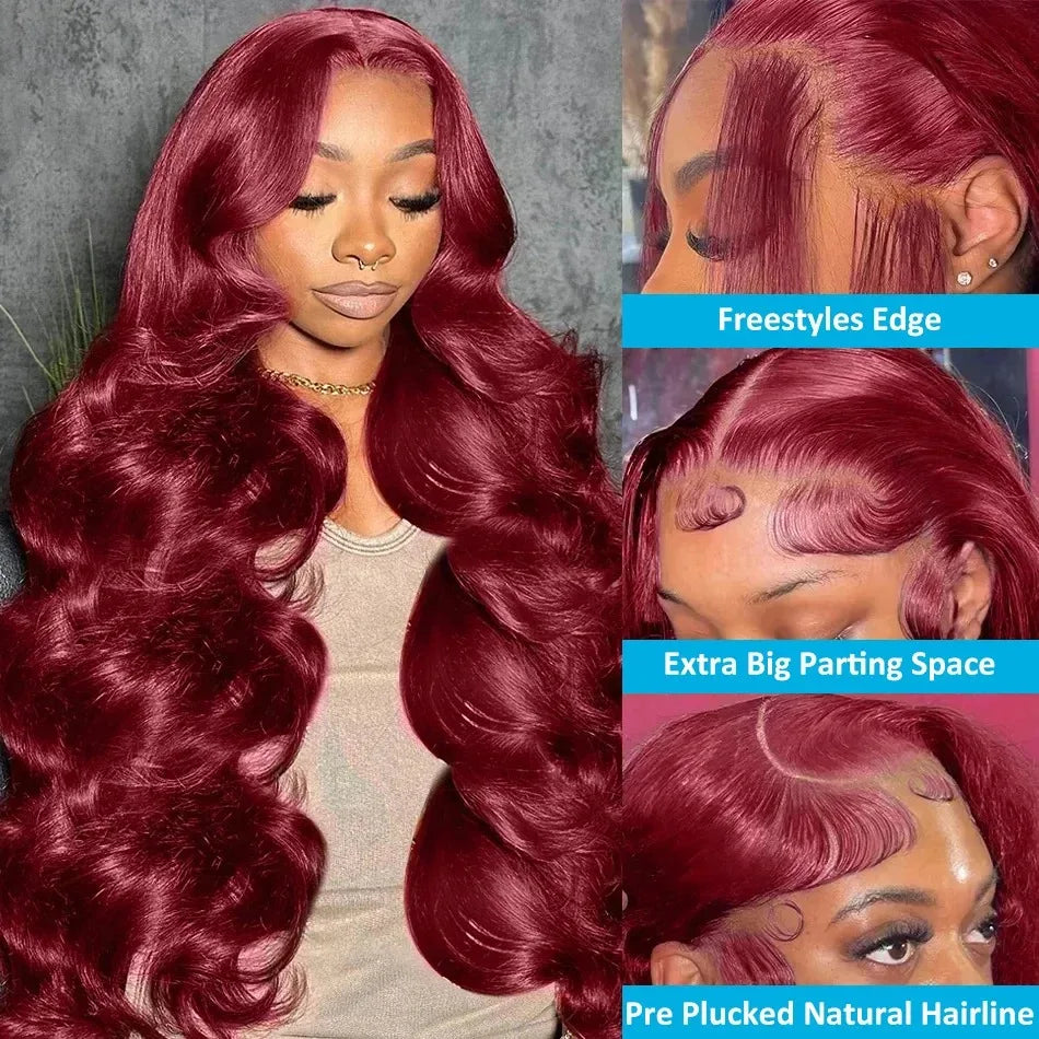 30 40 Inch 99J Burgundy Hd Lace Frontal Wig 13X6 250 Density Brazilian Body Wave Human Hair Wig Red Colored Hd Lace Front Wigs