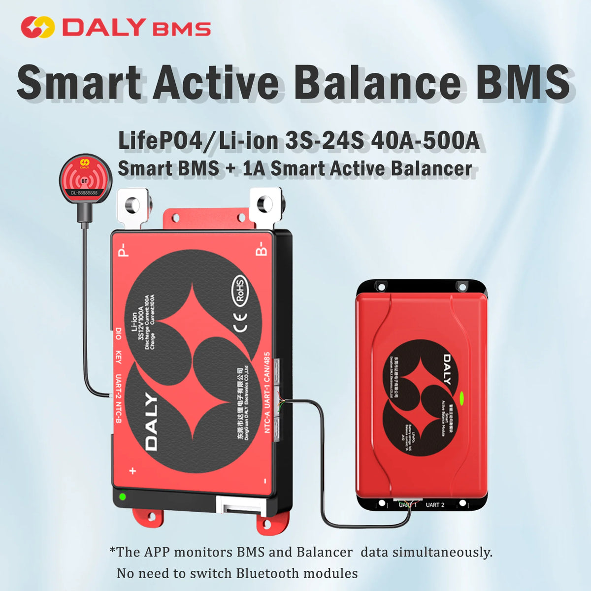 Daly Smart BMS Smart Active Balancer Lifepo4 4S 12V 8S 24V 10S 13S 16S 48V 40A 100A 200A 250A BMS Li-ion 3.7V 3.2V BMS RS485 CAN
