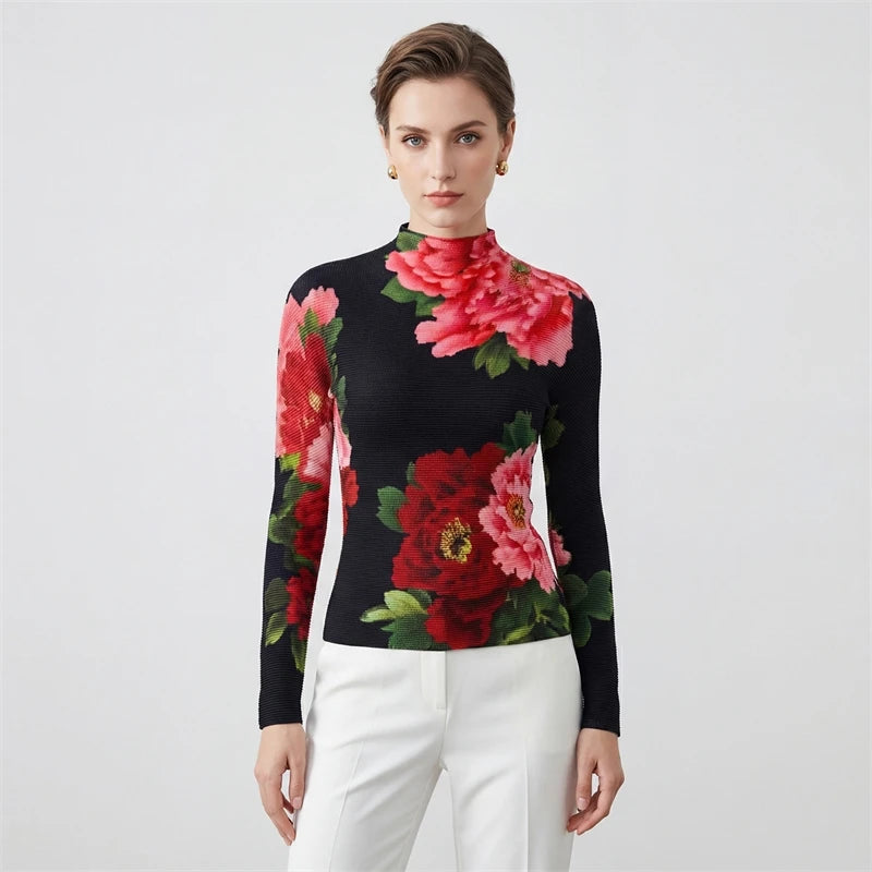 LANMREM 2026 spring New Printed women's pleated Pullover Top high elastic Slim Fit Long Sleeve stand collar T-shirt 2DB667