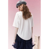 ELFSACK Cute Bear Print T-Shirt for Women, Oversized Graphic Tee for Summer, Casual Top with Polka Dot Lace Long Sleeve