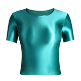 MJINM Women Oil Glossy Silky Smooth Short-sleeve Bottoming Shirt Strech Tight Soild Color Casual Yoga Sports Home Short T-shirt