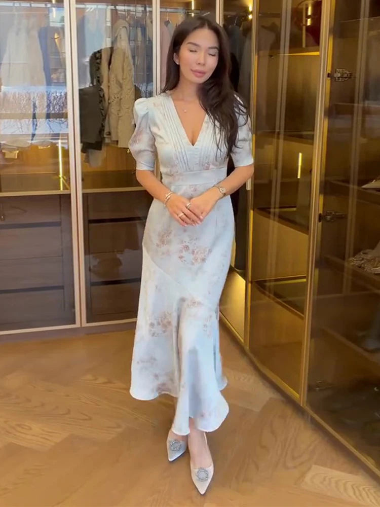 Elegant Floral Printed Satin Dress Pleated V-Neck Short Puff Sleeve Bodycon Dresses 2026 Spring Women Vintage Vacation Chic Gown