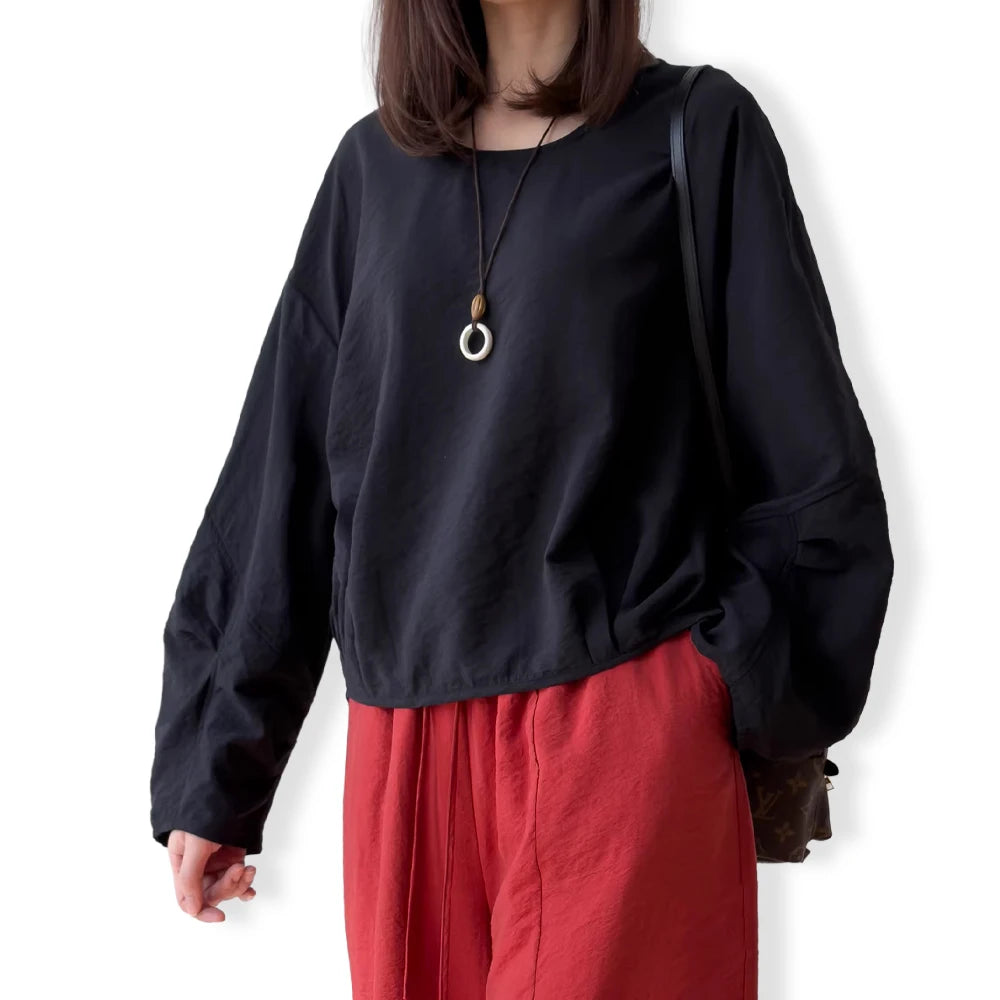 Stereoscopic Cut 76% Natural Mulberry Silk Dried Silk Round Neck Drop Shoulder Long Sleeved Loose Slit Solid Women's T-shirt