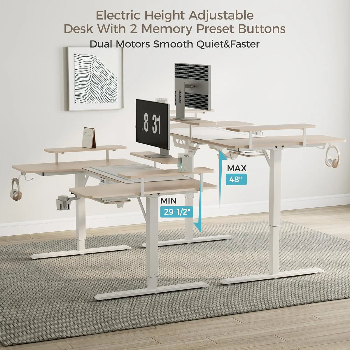 74" U Shaped Electric Height Adjustable Gaming Desk w Keyboard Tray LED Shelves Recording Live Studio Maple,Custom