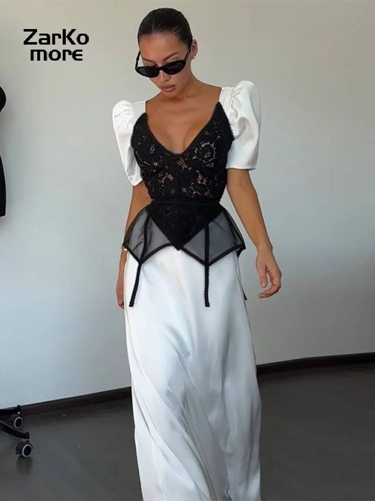 Elegant Women's Satin Lace Patchwork Waistband Dress V-neck Bubble Short Sleeved Zipper Dresses 2026 Summer Lady Party Robes