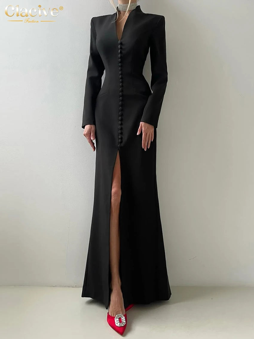 Clacive Sexy Slim White Women's Dress 2025 Fashion V-Neck Long Sleeve Ankle Length Dresses Elegant Classic Slit Female Dress