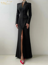 Clacive Sexy Slim White Women's Dress 2025 Fashion V-Neck Long Sleeve Ankle Length Dresses Elegant Classic Slit Female Dress