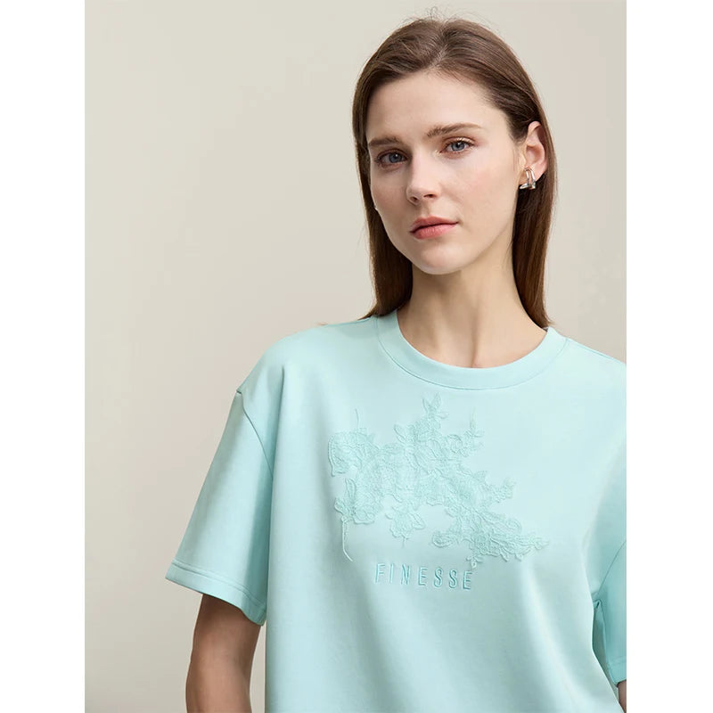 Amii Women's T-Shirt 2026 Summer New Round Neck Drop Shoulder Cotton Tee Lace Embroidered Woman Loose Fit Knit Tops 12622048