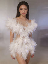 Luxurious White Tulle Mini Dress Women Sexy Sheer Mesh Pearl Crystal Embellished Bodycon Evening Party Wedding Guest Costume