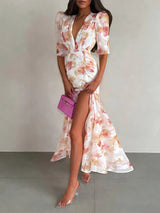 Flutter Sleeves Pleated Long Dress Women Chic Deep V-neck Floral Print Sexy Waist Cinching Vestidos Lady Holiday Street Dresses