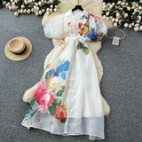 Chic vintage Sexy print mesh lace-up button Fairy Summer Women Boho Sundress women clothing Long dress