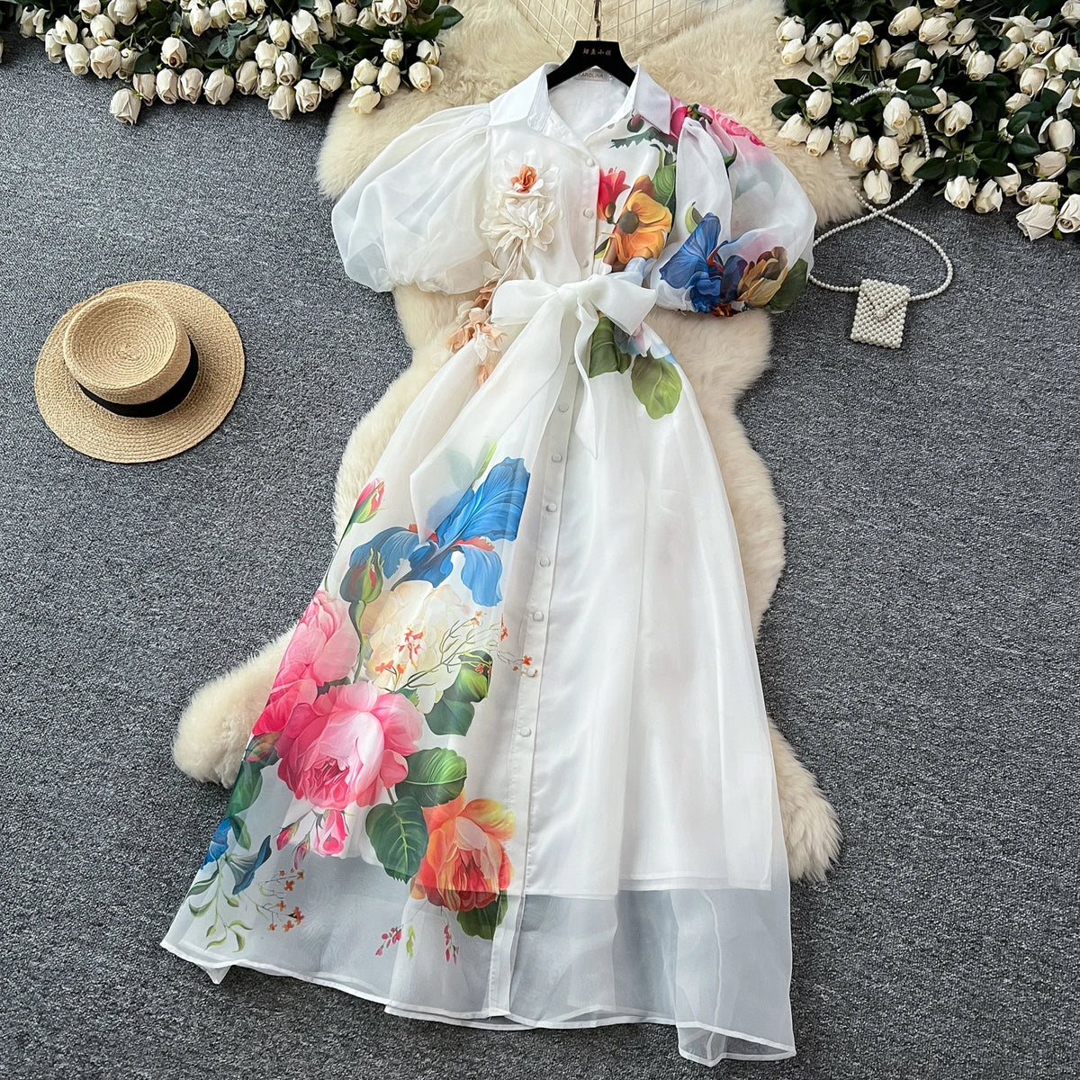 Chic vintage Sexy print mesh lace-up button Fairy Summer Women Boho Sundress women clothing Long dress