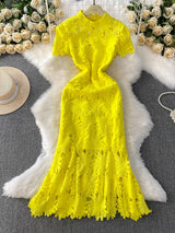 Ele Hollow out Lace Stand Collar Dr Women's Summer Faionable Fi Tail Gown Svel High Waist A-Line Skirt