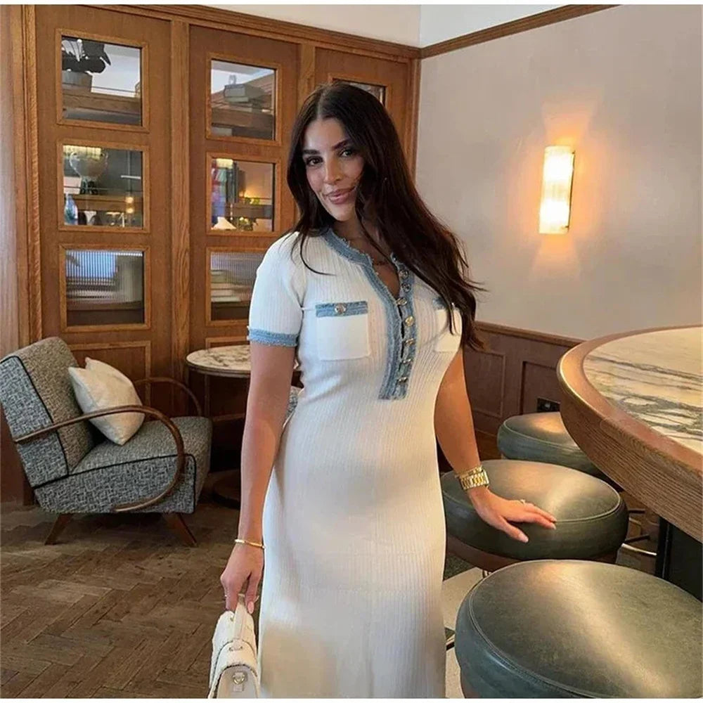 Elegant Contrasting Women Knit Maxi Dress Chic O-neck Short Sleeve Metal Buttons Bodycon Dresses Office Lady Commuting Robe