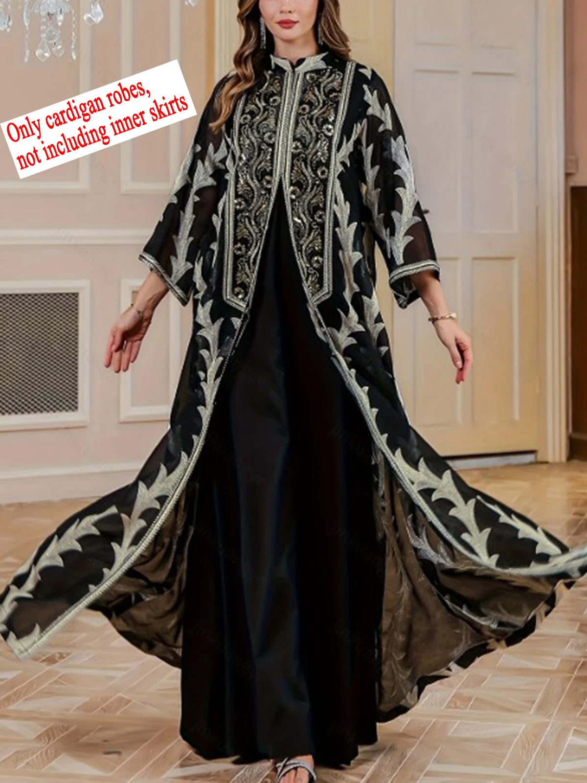 Middle East Women's Beaded Embroidery Long Robe Muslim Open Front Mesh Cover up Dubai Saudi Traditional Long Sleeve Dress