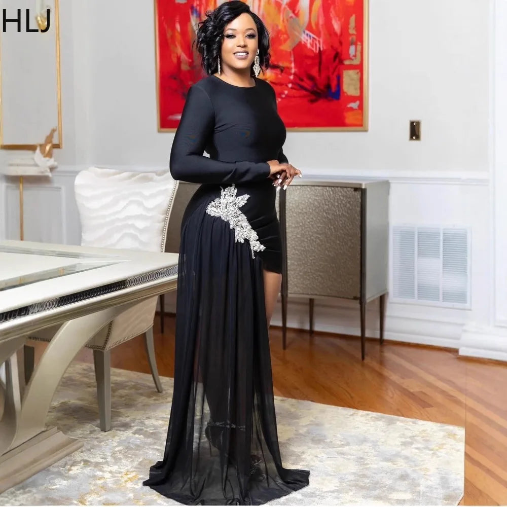 HLJ Sexy Rhinestone Patchwork Bodycon Dresses Woman Solid Color Long Sleeves Tassel Dress Female Party Clubwear Vestidos 2025