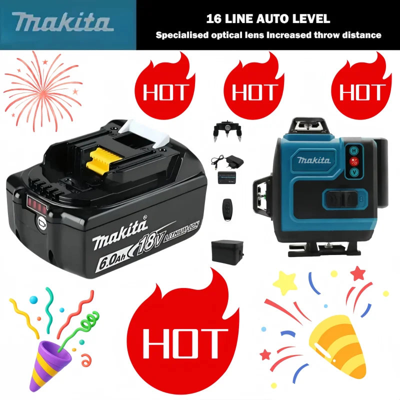Makita 18V Battery,16Lines4D Green Laser Level, 360°Self Leveling High Precision Horizontal Vertical Cross Line For Construction