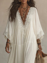 Beach Style Long Dress for Women White V-Neck Batwing Sleeve Lace Splice Elegant Loose Dress Summer Fashion Vacation Dresses