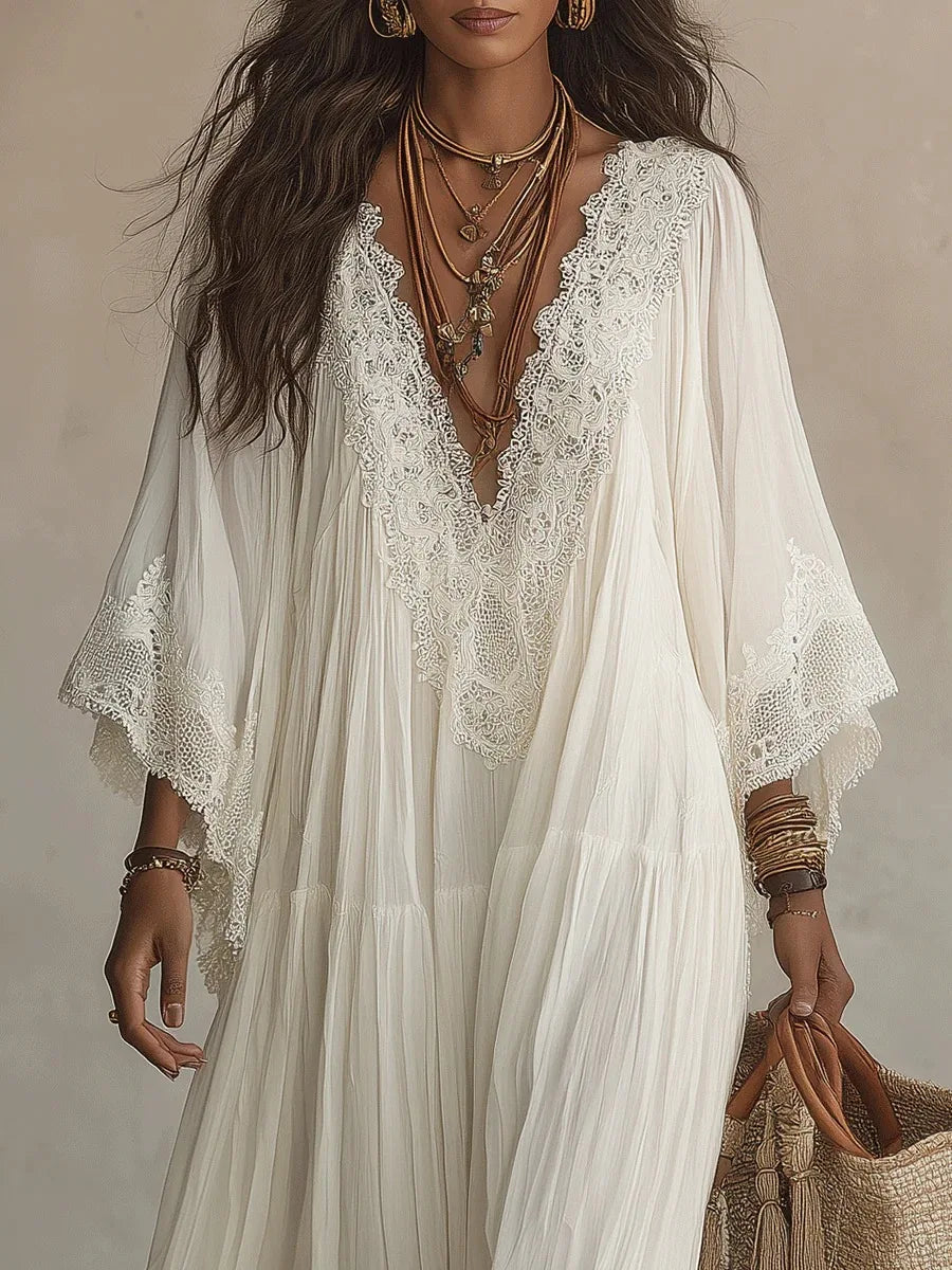 Beach Style Long Dress for Women White V-Neck Batwing Sleeve Lace Splice Elegant Loose Dress Summer Fashion Vacation Dresses
