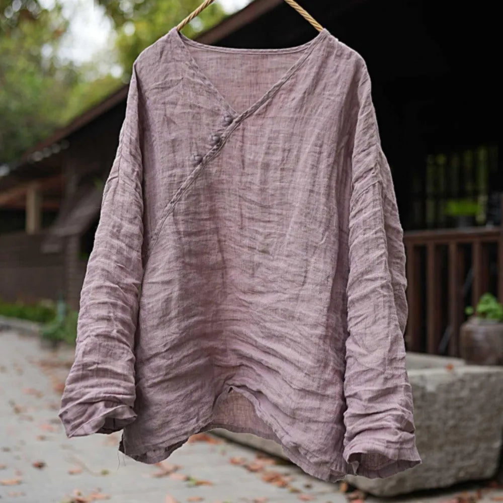 Johnature Women Vintage T-Shirts Striped Tees 2026 Spring New Chinese Style V-Neck Long Sleeve Button Loose Female T-Shirts