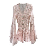 DEAT Fashion Women's Rhinestone Button Floral Pattern Flared Sleeve Chiffon Dress Elegant Holiday Dresses Female 11A04065