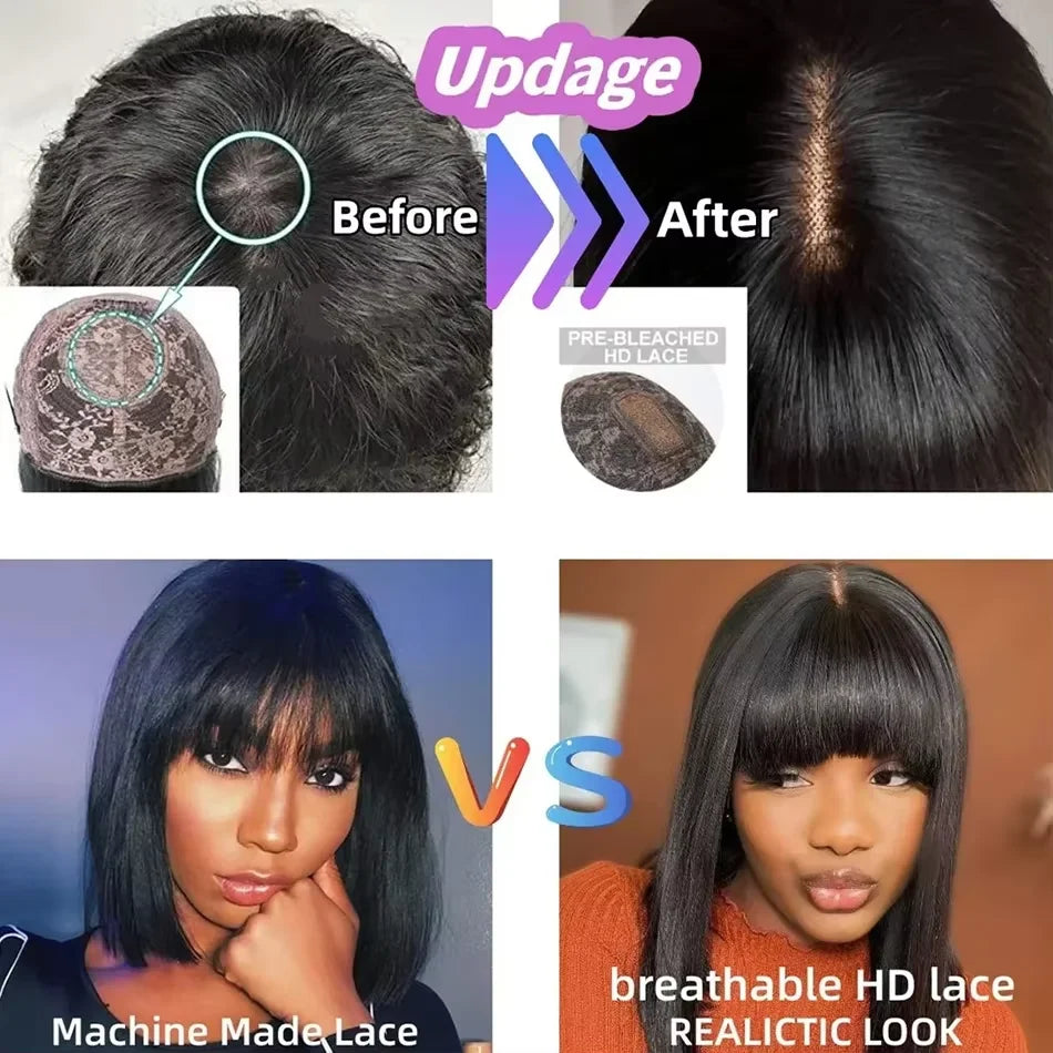 30 32 Inch Glueless Wig Bone Straight Human Hair With Bangs 250 Density 3x1 Lace Middle Part Wigs For Women