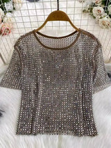 SHENGPALAE 2026 New Autumn Fashion Women Clothing Round Neck Short Sleeves Mesh Hollow Out Pullover T-shirt