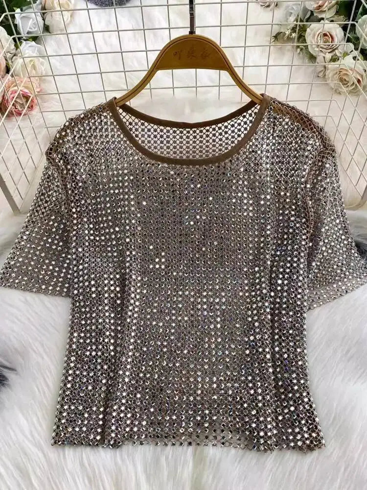 SHENGPALAE 2026 New Autumn Fashion Women Clothing Round Neck Short Sleeves Mesh Hollow Out Pullover T-shirt