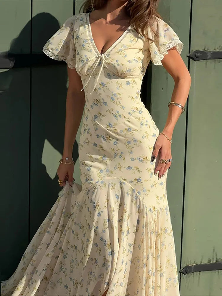 Floral Print Lace Trim Flutter Sleeve Maxi Dress Deep V-Neck High-Low Chiffon 2026 Summer Chic Romantic Women Feminine Gown