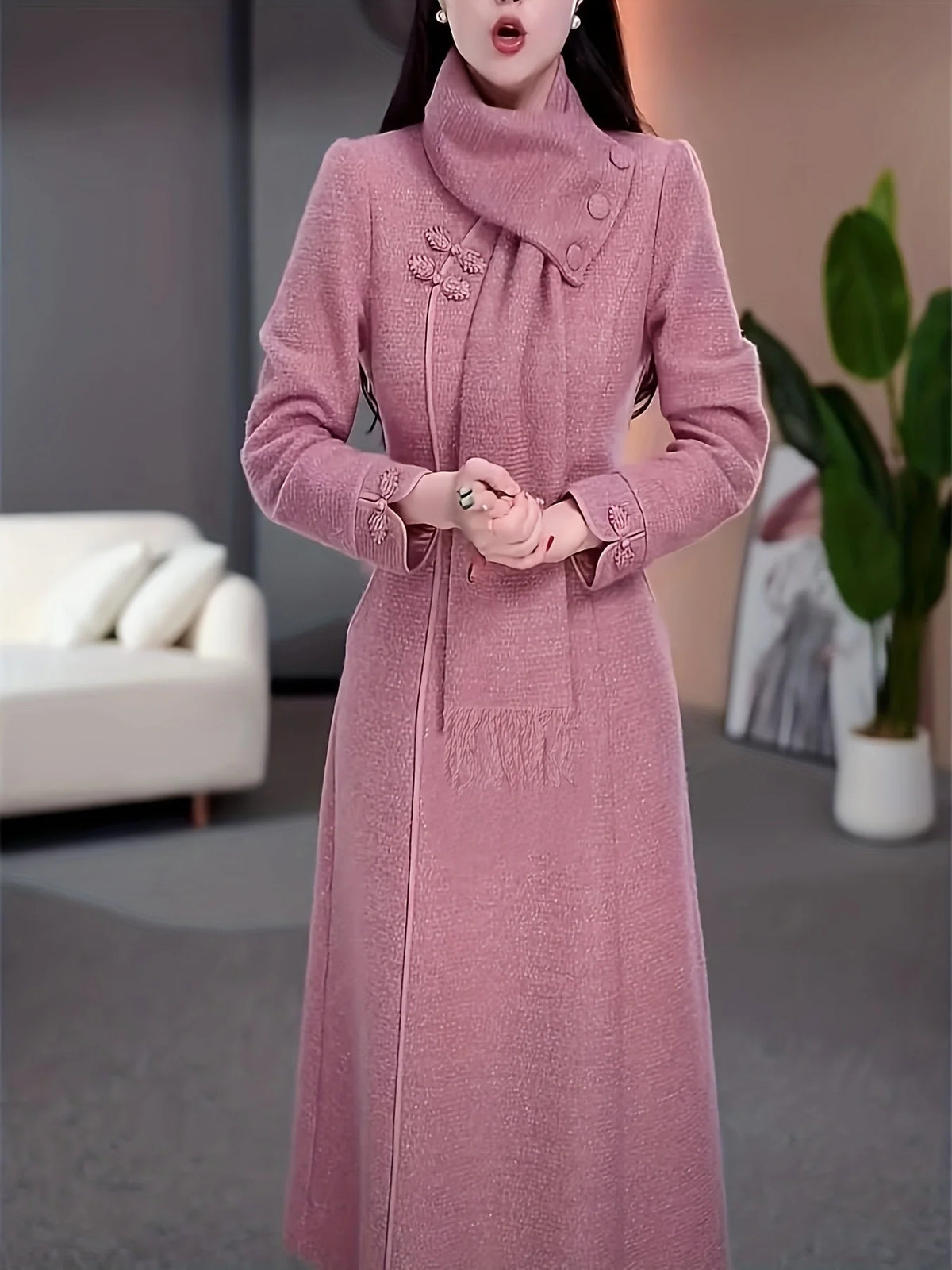 Women's Pink Cheongsam Style Woolen Dress Long Sleeve High Neck Elegant Winter Maxi Dress