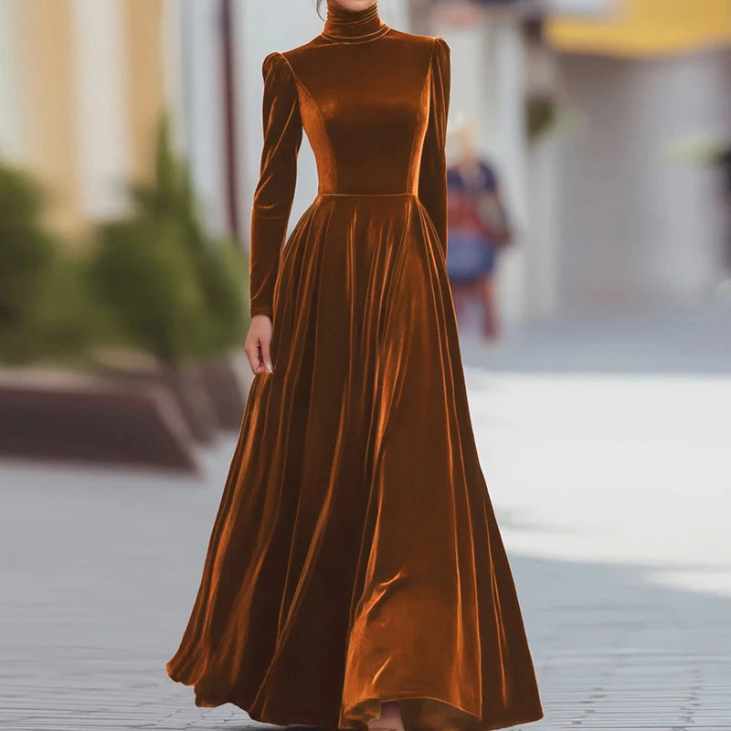 O Neck Solid Patchwork Chic Maxi Dress, Spring Autumn Women Casual Long Sleeve Party Dress, 2025 New Holiday Simple Ladies Dress