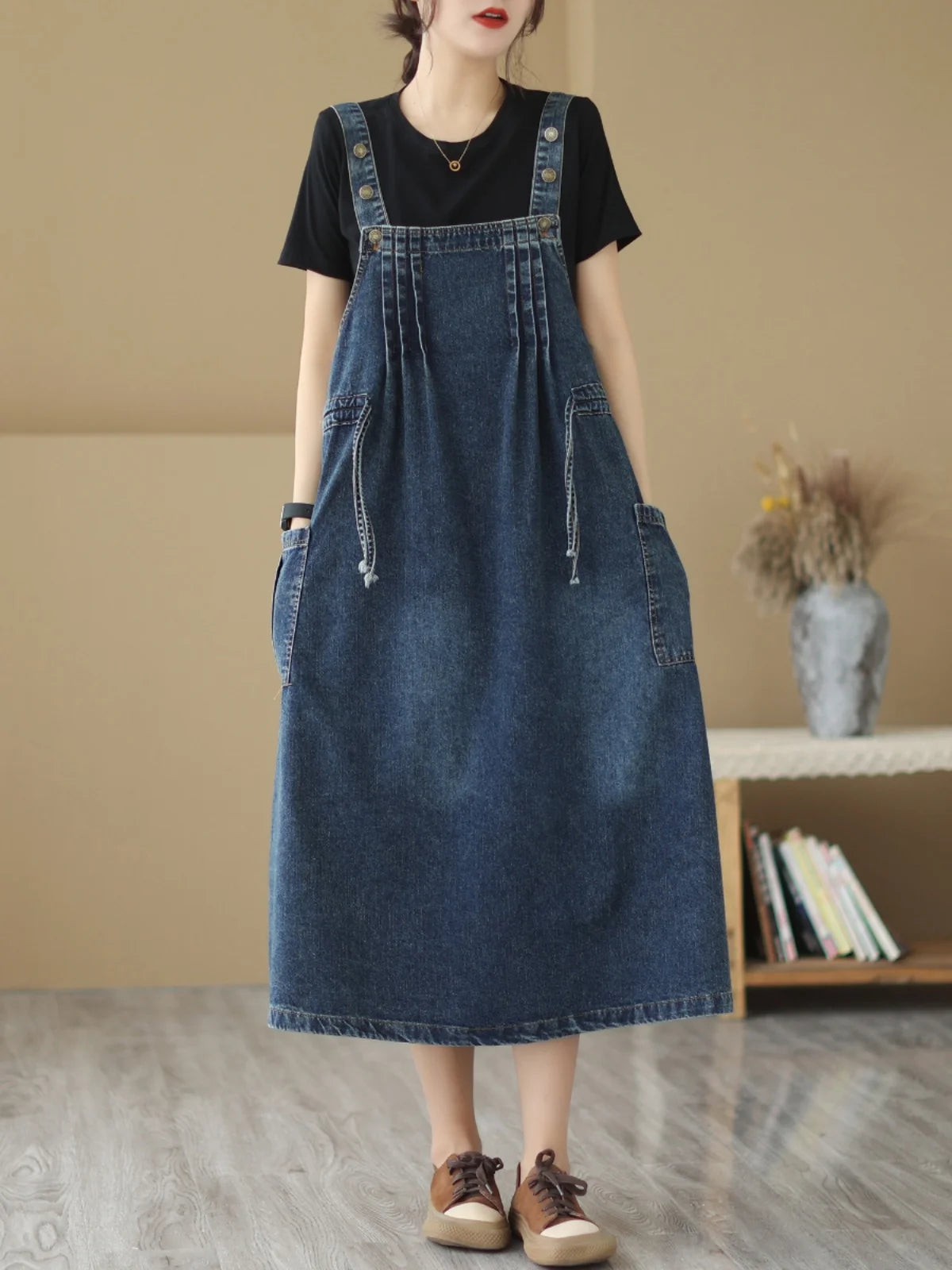 Retro Blue Denim ter Dr Women's Summer Dstring Waist Cinching Slimming Strap Dr Ele Lady Sle A-Line Midi Dr