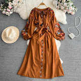 Retro Ethnic Sle Long Sve Embroidered round Ne A-Line Cotton Linen Dr Slimming Waist Cinched Ele Long Dr