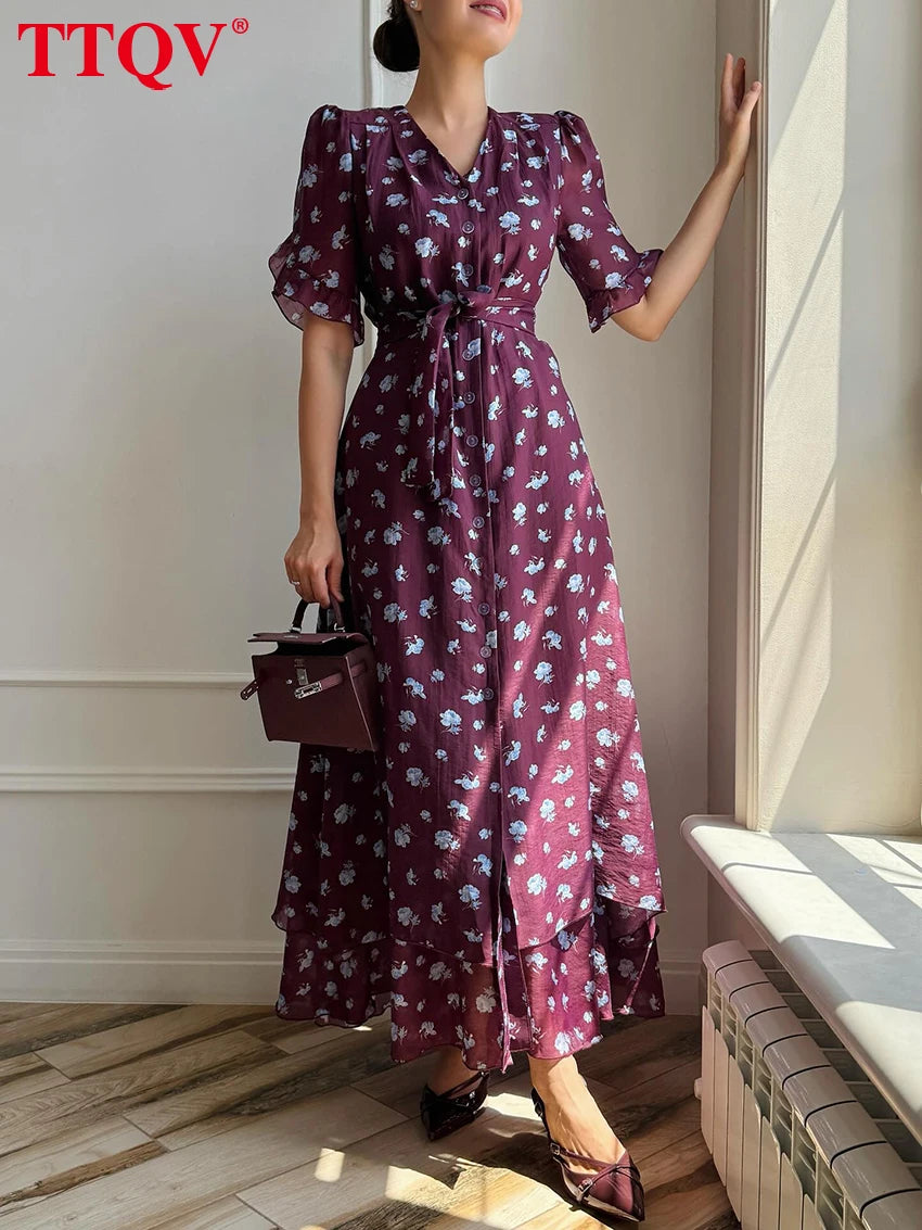 TTQV Summer Loose Print Women's Dress 2026 Fashion V-Neck Short Sleeve Ankle Length Dresses Elegant Classic Lace-Up Female Dress